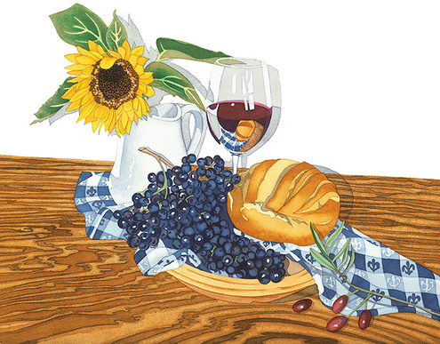 painting of grapes, wine, bread, sunflower