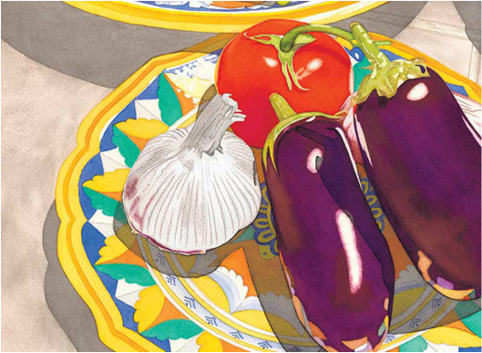 Watercolor painting by Sally Baker  of 2 eggplants, garlic bulb, tomato in a colorful bowl. 