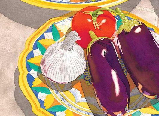 Watercolor painting by Sally Baker  of 2 eggplants, garlic bulb, tomato in a colorful bowl. 